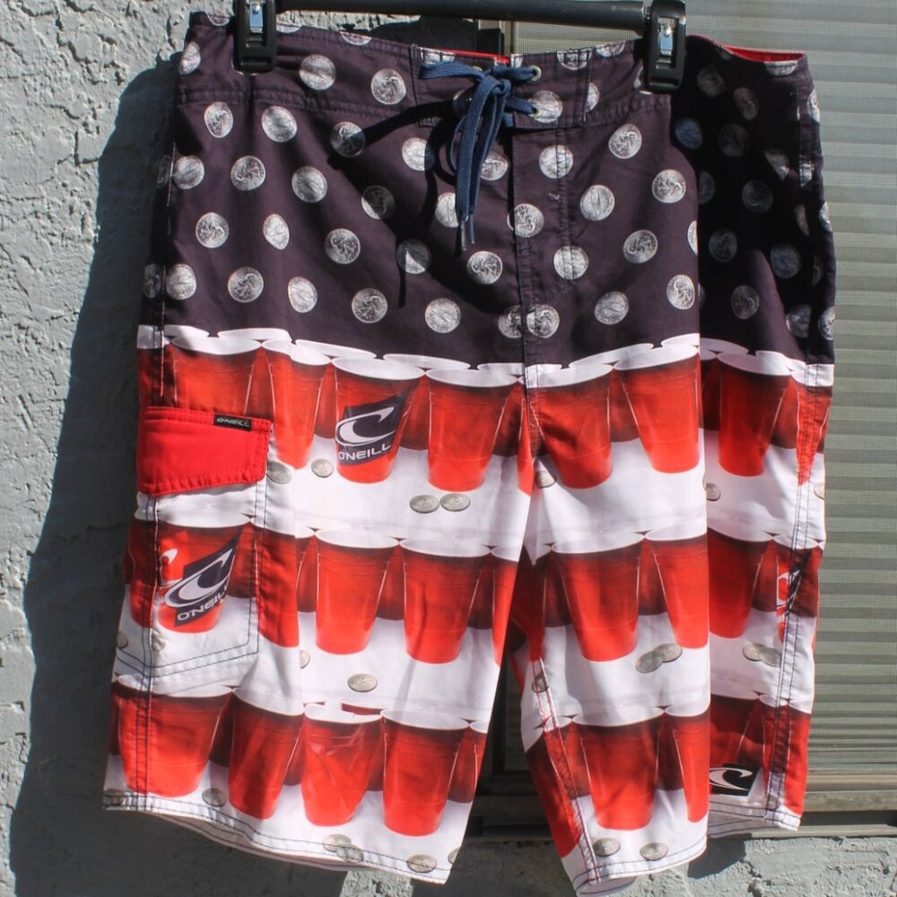 O'Neill Hyperfreak Red Solo Cup Swim Trunks Men Size 34 Beer Pong Board Shorts